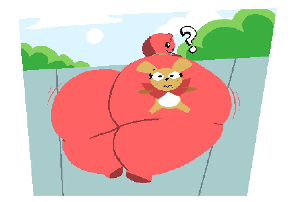 Cinnamon (koyuteposting's Scentury OC) with a massive butt, having squashed Butterscotch (OC) flat against one cheek, confused about her whereabouts