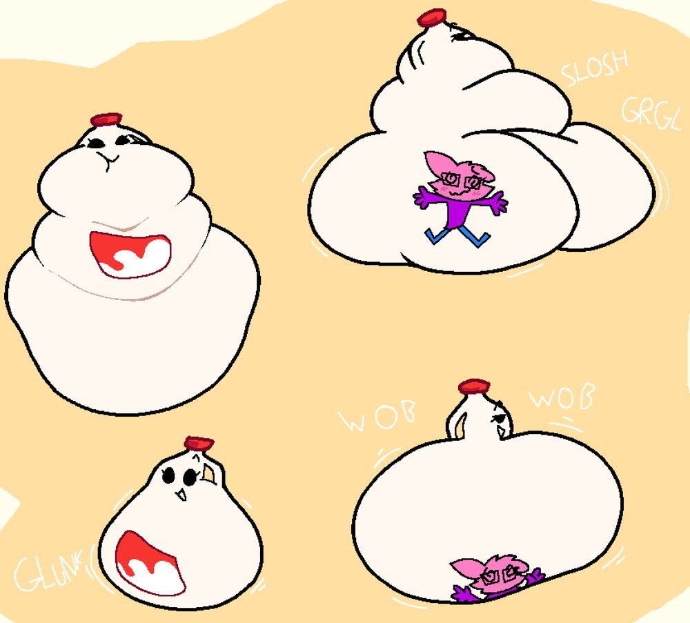 Multiple drawings of a fat gallon of milk. In the rightmost drawings, the milk gallon has flattened Nameless (my fox sona) underneath her butt, with them looking blushy and happy in the topright