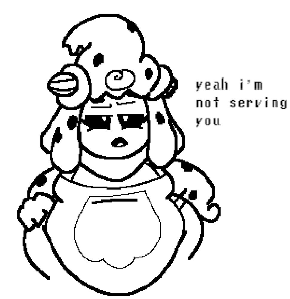 Calorine (Mixelscraft64's Alcremie OC), looking at the camera judgingly, saying "yeah i'm not serving you"