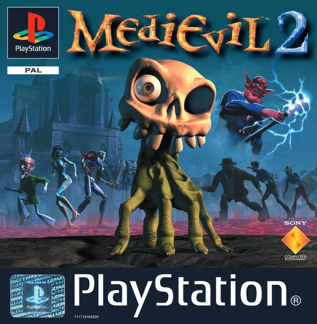 The front packaging of MediEvil 2 in PAL territories, which include Europe and Australia. The cover features Dan-hand front and centre. Lord Palethorn, the game's villain, is on the right side. Sir Dan, Princess Kiya and Professor Hamilton Kift stand on the left in front of a London cathedral. Palethorn's goons are to their right.