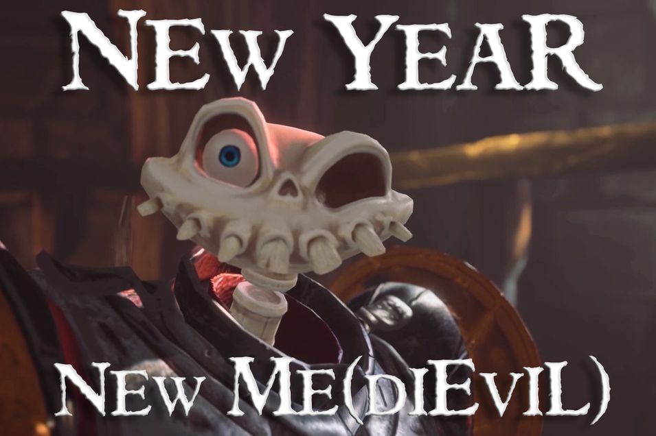 An image of Sir Daniel Fortesque waking up from his 100 year death with the text "New Year, New Me(diEvil)."
