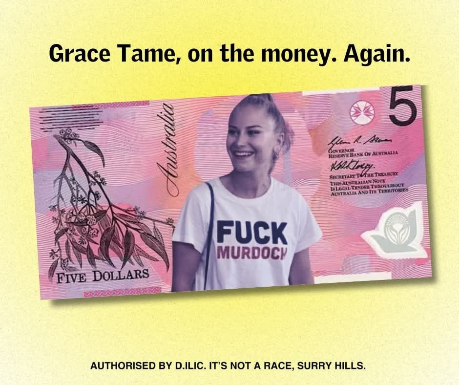 Grace Tame on an Australian $5 note wearing a FUCK MURDOCH tshirt 