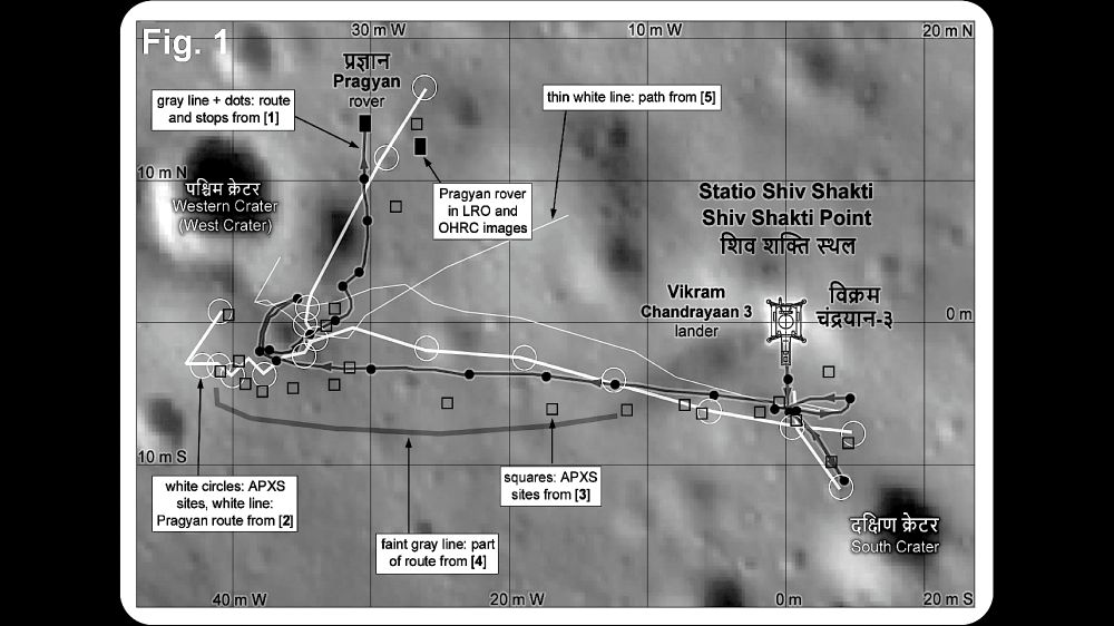 Images from 

Stooke, P.J., 2025. Chandrayaan 3 and Pragyan Rover: Traverse Analysis. 56th Lunar and Planetary Science Conference (LPSC 2025).

references in the image:

[1] ISRO map,
https://x.com/isro/status/1697881823391711684
[2] Vadawale, S., ASET talk, Tata Institute, 19
October 2023. [3] Vadawale, S. et al., 2024. Nature,
https://doi.org/10.1038/s41586-024-07870-7 .
[4] Vijayan, S. et al., 2024. Icarus,
https://doi.org/10.1016/j.icarus.2024.116329. [5]
Ghosh, R. et al., 2024. Int. Conf. Space Robotics.
