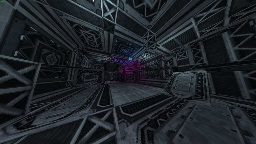 Picture 1 of my 2nd Arena in my custom level. Very metallic and mechanical, with some purple lights in the background