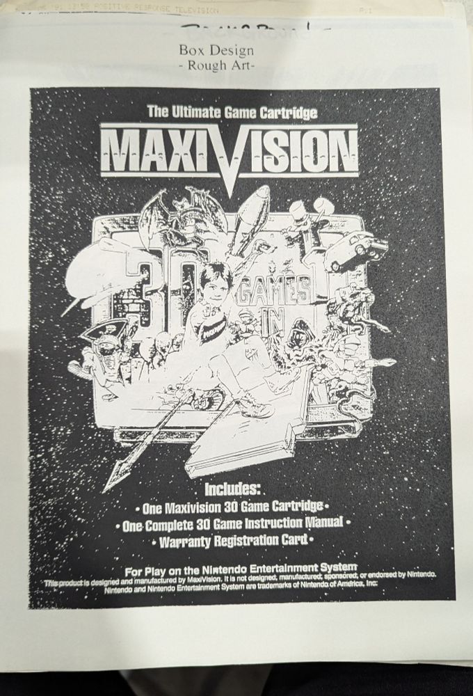 Photo of a B&W photocopy of a box design mock-up/rough art.