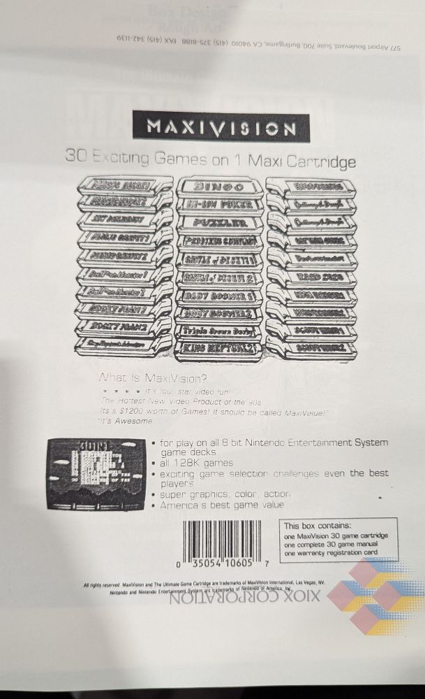 Photo of a B&W photocopy of a mock-up for the back side of the box.