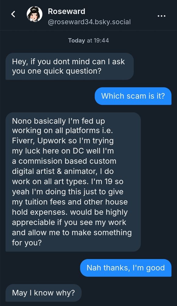 Screenshot conversation with an art scammer