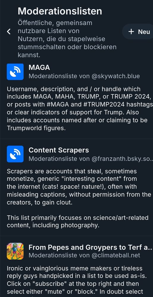 Screenshots of various block lists 