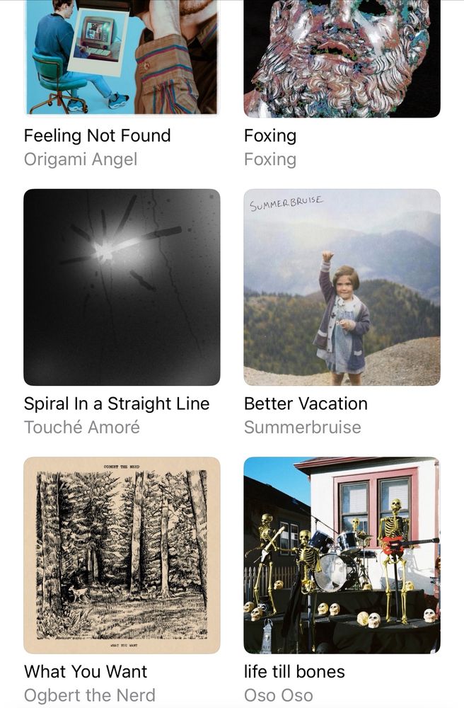 Apple Music library featuring album artwork for: Feeling Not Found, Foxing, Spiral in a Straight Line, Better Vacation, What You Want, life till bones