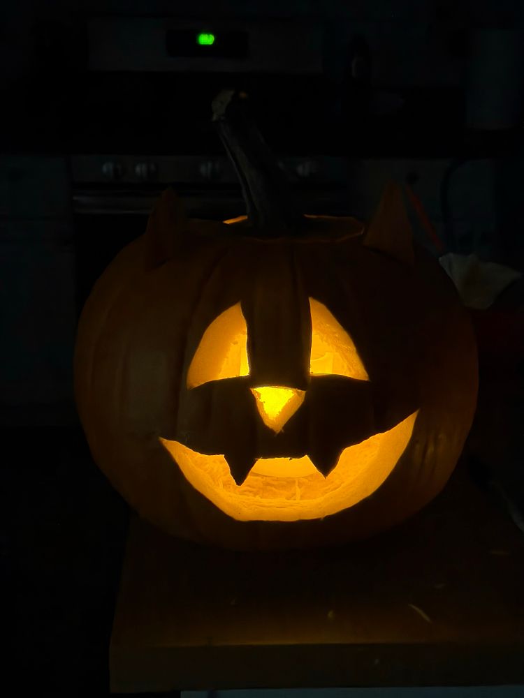 a cat jack-o’-lantern lit up