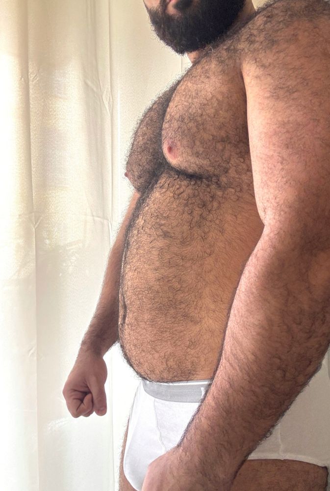A side profile of a hairy, muscled bear standing confidently in white briefs. His thick chest and belly fur are fully visible, along with his strong arms and relaxed posture. The soft natural lighting highlights the texture of his body hair and the curve of his torso, creating an intimate and bold masculine presence.