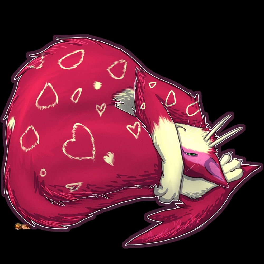 A shiny liepard curled in a feline shrimp pose, holding her legs and peeking at the viewer