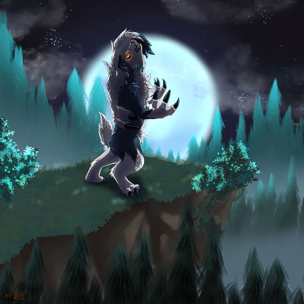 A scene of a shiny midnight lycanroc howling while stood on a cliff high above a forest, illuminated by a large full moon.