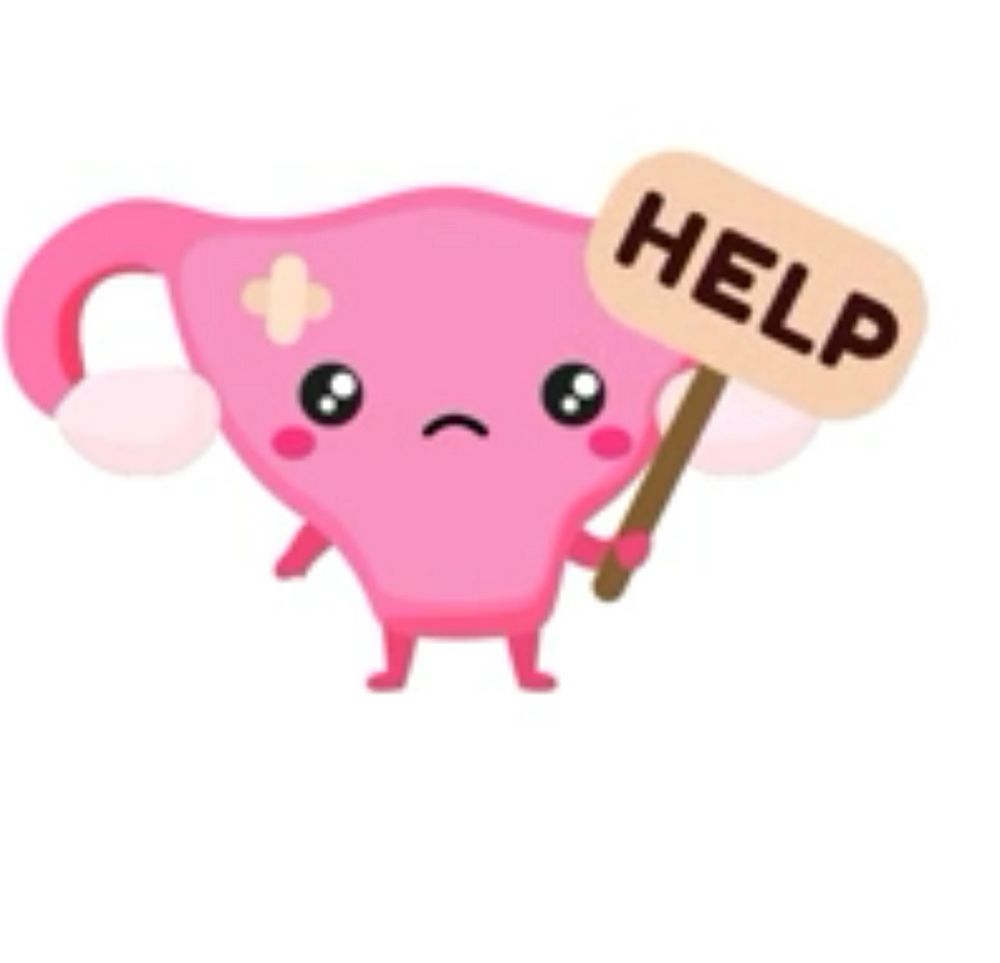Cartoon uterus with a bandaid on its head holding a sign that says “help”