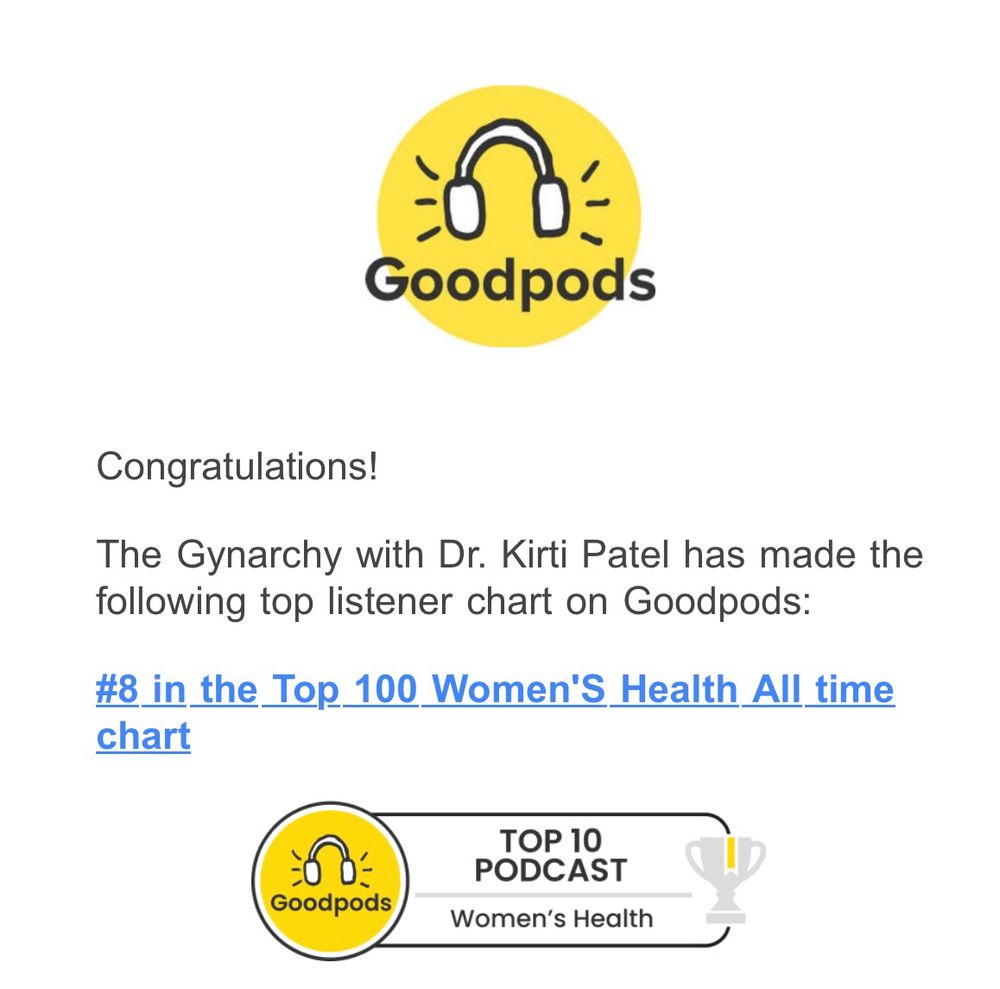 Text reads:

Goodpods
Congratulations!
The Gynarchy with Dr. Kirti Patel has made the following top listener chart on Goodpods:
#8 in the Top 100 Women'S Health All time chart
TOP 10
PODCAST
Goodpods
Women's Health
