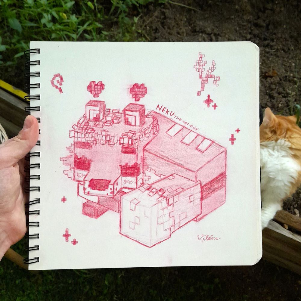 There is an orange cat behind the sketchbook in the garden box. In the sketchbook, there is a pink monochrome art of Minecraft cat-fox Neku with hearts floating above their ears. The fox has a flower crown and is sleeping with its front paws crossed. She's surrounded by a pixelated stars and spiral and a piece of crops.