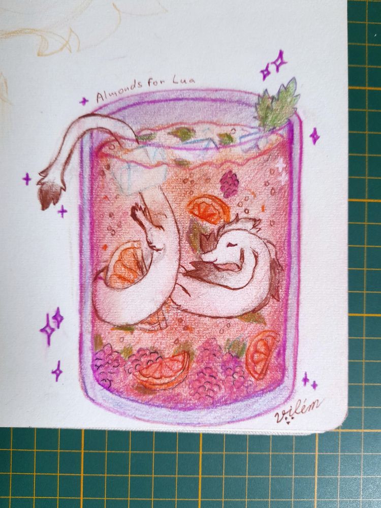 On the white paper, there is a raspberry-lavender drink with oranges and lemon balm, bubbling. There is a white eastern dragon in the middle, wrapping partly around an orange feeling comfortably, and with a tail sticking out of the drink over the edge of the purple-blue glass. The glass is surrounded by a stars