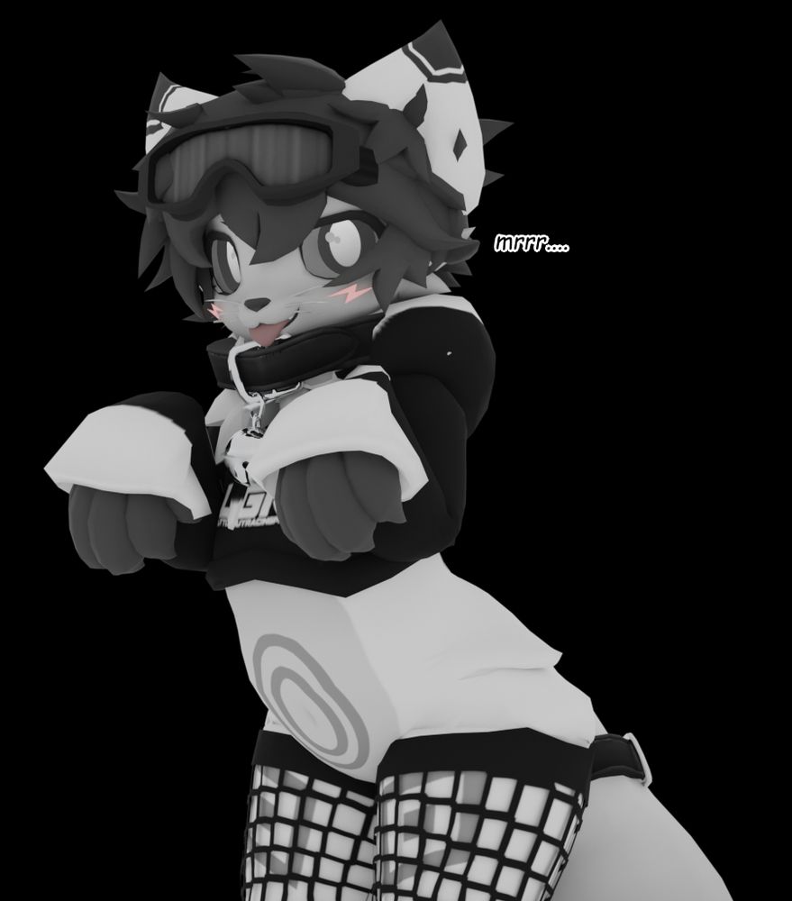 an anthropomorphic cat in a hoodie, fishnets, and a collar, posing and staring at the camera making a "mrrr...." noise