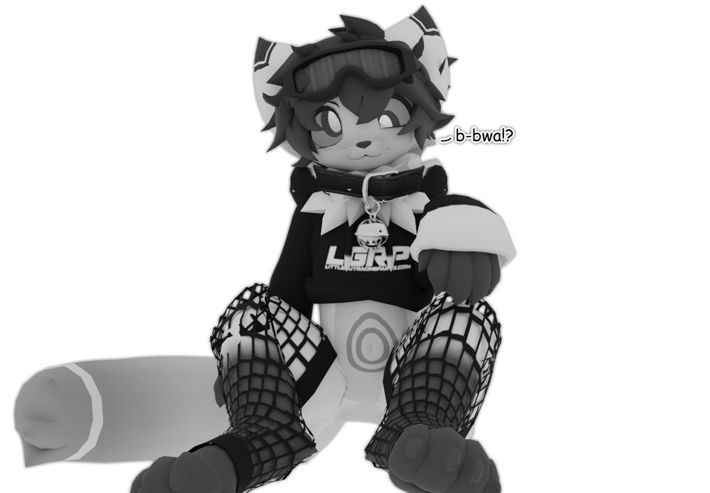 a 3d render of a confused anthropomorphic cat with derpy eyes wearing a hoodie, collar, and fishnets, sitting down and saying “b-bwa!?”