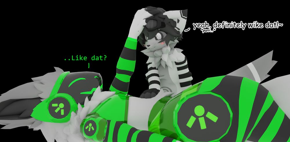 a 3d render of a anthropomorphic cat and a "protogen" (cyborg furry species) dressed in thigh highs and warmers, the protogen is patting the cat's head (saying "...Like dat?" and the cat is rubbing the his tummy (saying "yeah, definitely wike dat!~ and purring)