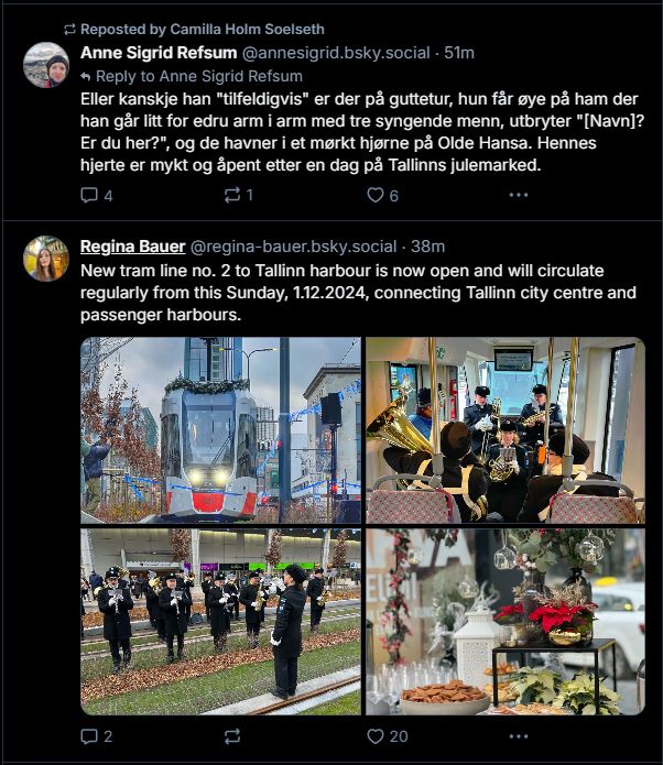 Skjermbilde av feeden min med post fra Anne Sigrid om Tallinn og tilfeldig post frå nokon andre under, med bilete frå åpning av ny trikkelinje i Tallinn.