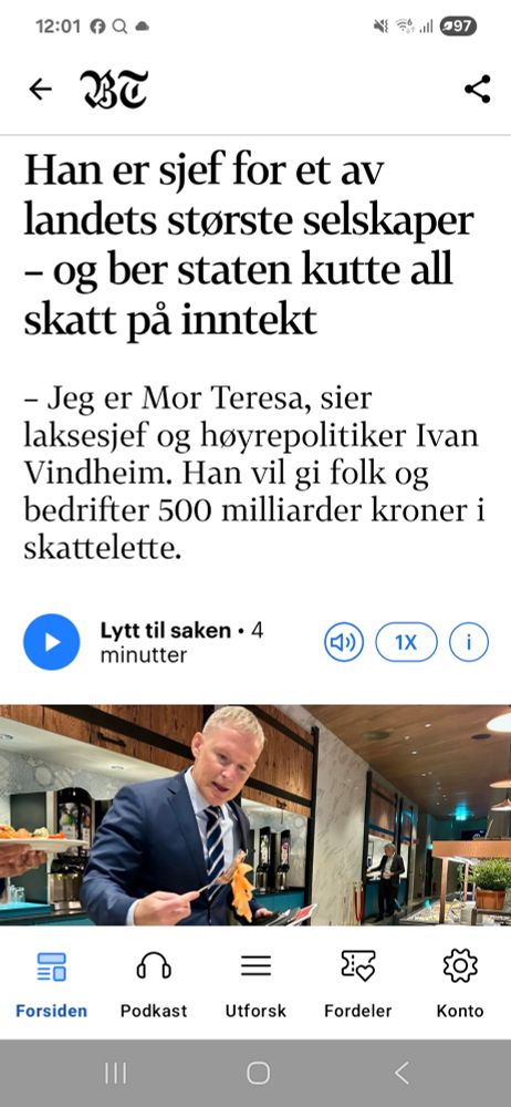 Skjermbilete frå BT ser Mowi sjefen seier han er Mor Teresa