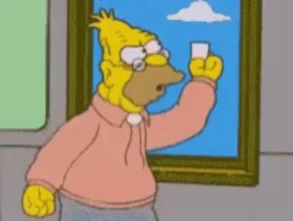 homer simpson is holding a glass in front of a framed picture