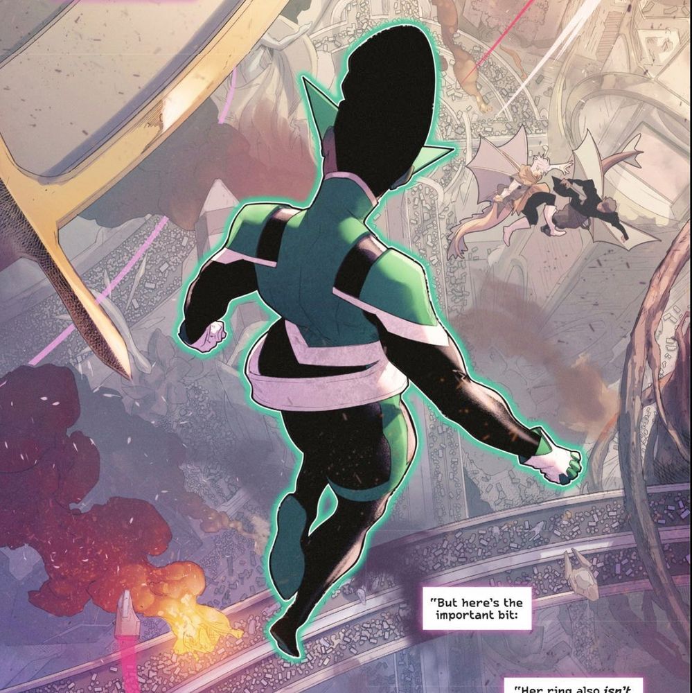 A Green Lantern character, floating high in the sky.