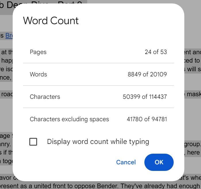 screenshot of my word-count: 8,849, 24 pgs