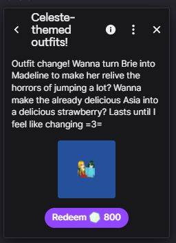 new celeste-themed outfit change reward for brie and asia's stream