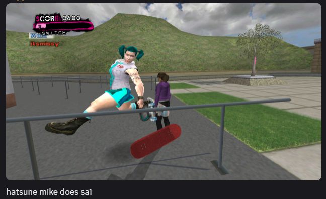 a screenshot of the previously mentioned Hatsune Miku skater doing a Judo while stuck in the air just above the ground. caption below the picture: "hatsune mike does sa1"