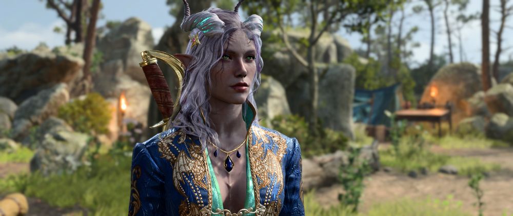 A screenshot from Baldur's Gate 3 of the poster's Tav, Snowahwk, a tiefling with dusky purple skin, deep amethyst and silver hair, white horns with dark purple tips, and glowing green eyes.