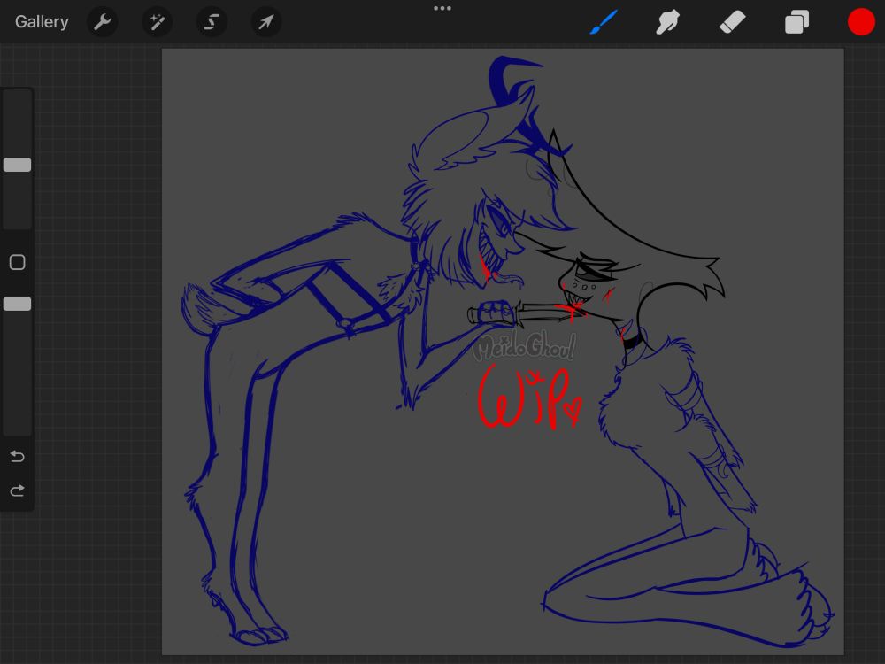 A messy sketch of a bloodied, bratty Angel Dust on his knees, tied up using Alastor’s demonic black tentacles. Alastor is looming above him, Angel’s blood dripping from his grinning mouth as he lifts his sub’s chin up with the edge of a bloodied hunting knife. They both are clearly enjoying this, but soon Bluesky will likely see something wrong with this display of sexuality.