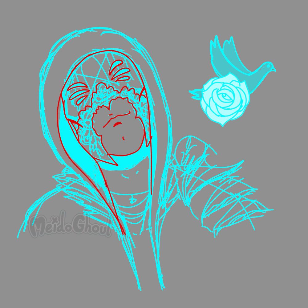 a digital bust sketch of Vessel from the band Sleep Token, done around the time his red-lace mask was revealed. there is a representation of a white rose and black dove next to him, a reference to the lyrics: “white roses, black doves, Godmother, rise up. I need you to see me for what I have become.”