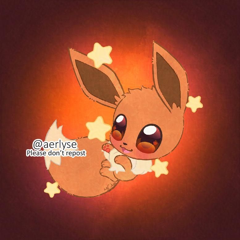 A drawing of Eevee, a brown fox-like pokemon, floating happily surrounded by yellow stars over a dark brown background.