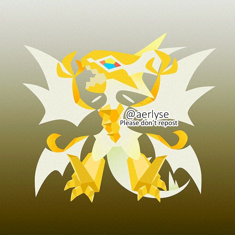 A drawing of a chibi form of the Pokemon ultra necrozma, a white and yellow four winged dragon roaring.