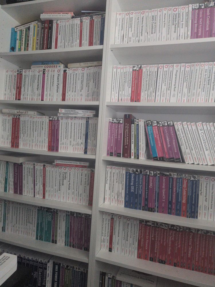 Two-filled bookshelves of multiple books 