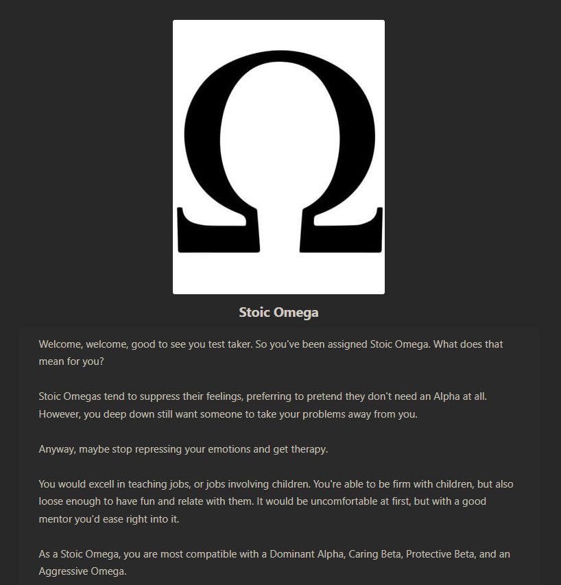 quiz result showing i'm a Stoic Omega 