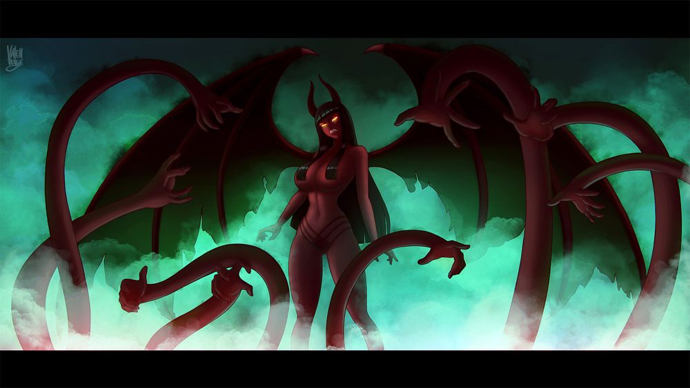 Robin in her demonio fleur form with several grasping hands 