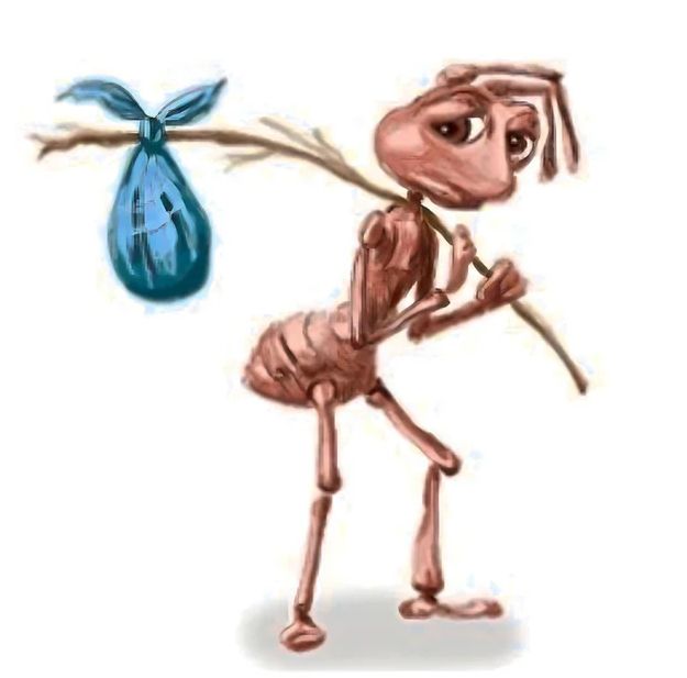 a sad ant with a lil bindle on a stick