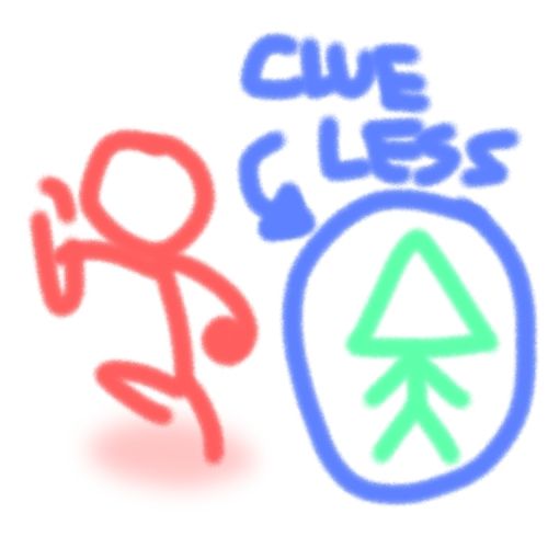 A green stick figure with a triangle shaped head highlighted in a blue circle pointed towards them with text saying "Clueless" about to be violently punched by a red stick figure with a circular head
