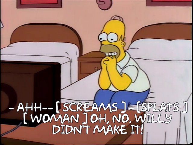Homer watches in shock.

A scream, more screams, and a splay.

Woman: Oh no, Willy didn't make it! 