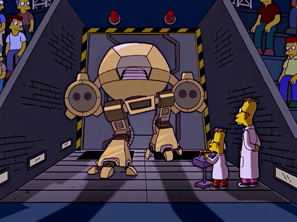 Professor Frink and his son operate a giant robot resembling ED-209 from Robocop. 