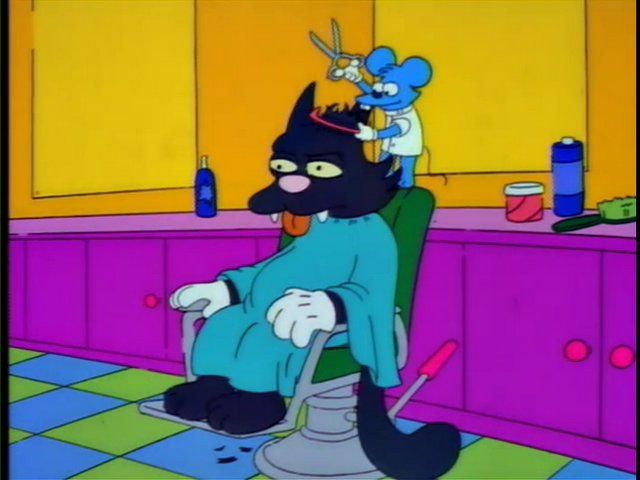 Itchy is a barber and Scratchy is the costumer. Itchy is using normal scissors and a comb. 