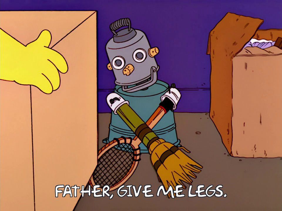 A legless robot is behind one of the boxes. Its body is a bucket and its arms are a broom and a tennis racket. 

Robot: Father, give me legs. 