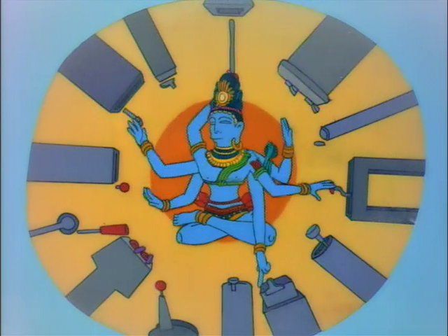 The Hindu god Vishnu sits in the centre of the Earth pressing buttons and switches on a bunch of complicated machines.