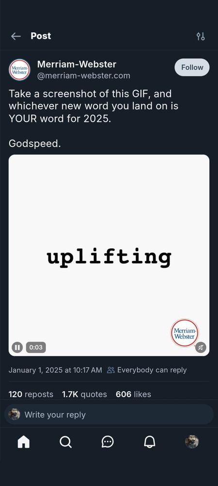 A screenshot of Merriam Websters post with the word "uplifting" in the center