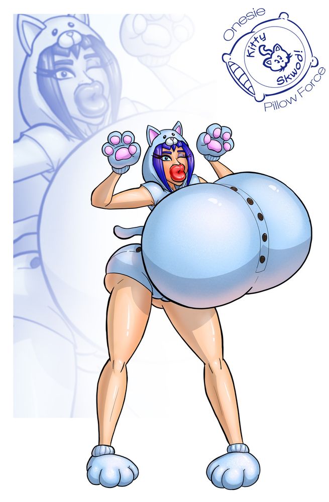 Singe is wearing a cute kitty onesie with matching, pillowy kitten mittens and booties. Her lips are big and plush, and her breasts are inflated so big and round, they cover her whole torso each. She's winking and smooching at the camera. The logo in the upper right says "Onesie Pillow Force: Kitty Skwod!"