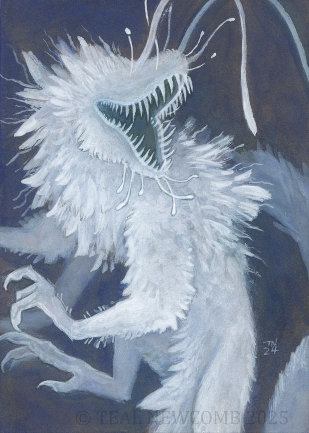 painting of a whitish hairy critter with pointy teeth