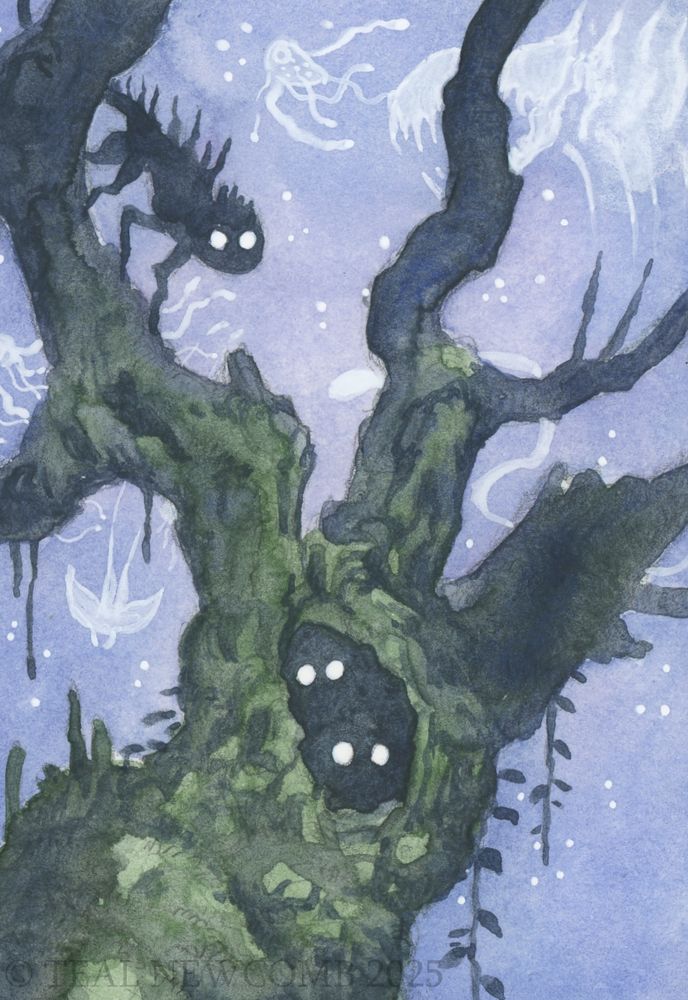 painting of weird creatures in a tree